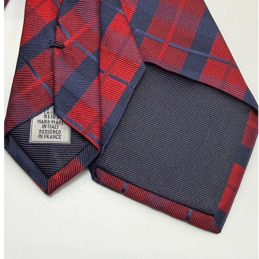 Breuer Plaid Silk Necktie One Size Red Navy Blue Preppy Classic Professional